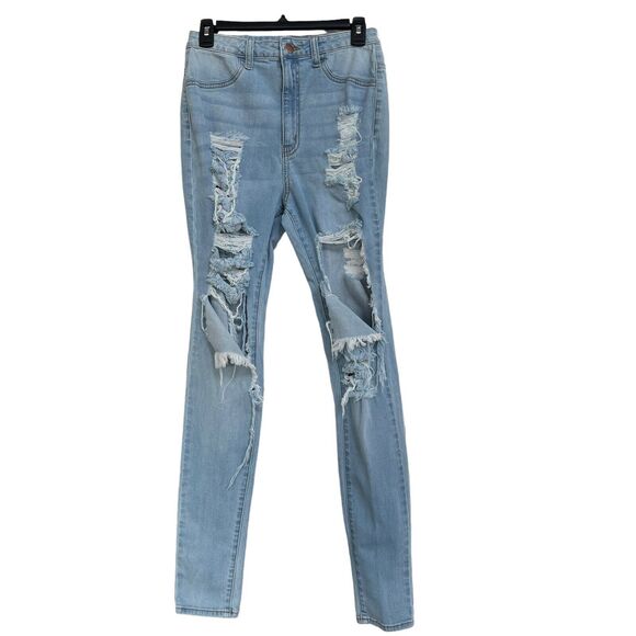 Fashion Nova Junior SZ 13 (31) Skinny Jeans Hi-Rise Distressed Rips Stretch Blue - Picture 1 of 10